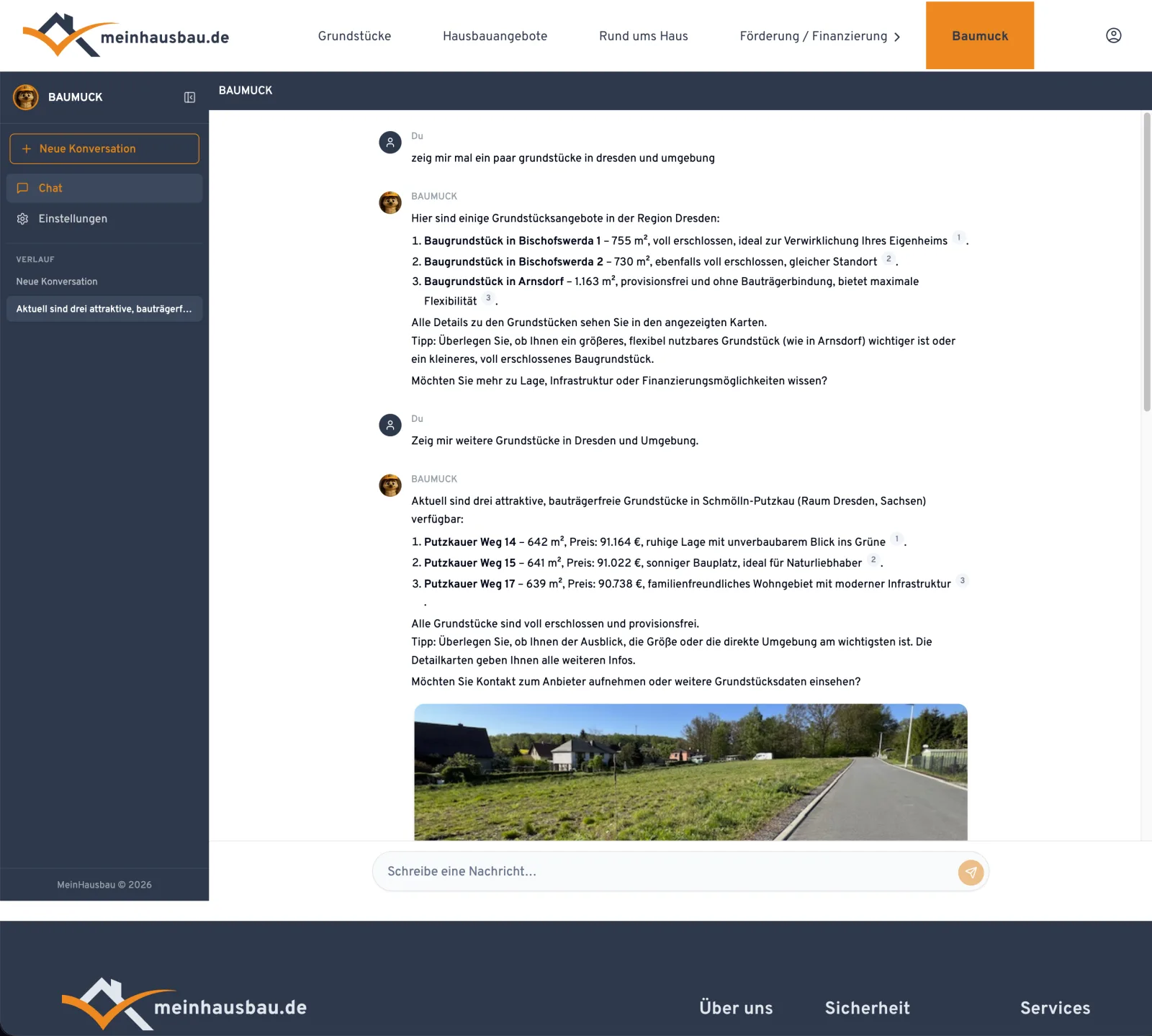 BAUMUCK als Vollansicht auf meinhausbau.de mit Sidebar und Chatfenster