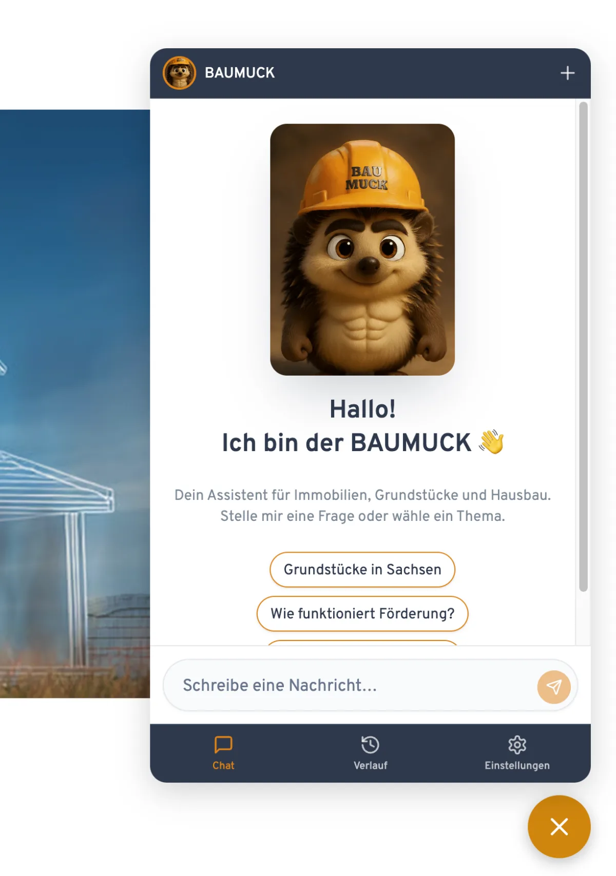 BAUMUCK Chat-Widget mit Maskottchen und Begrüßung auf meinhausbau.de
